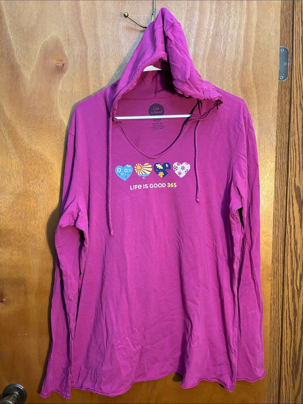 Life Is Good Magenta Hooded Long Sleeve Tee with Heart Graphic